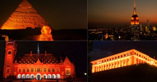 monumentos iluminados de laranja pela campanha pelo fim da violência às mulheres #orangetheworld